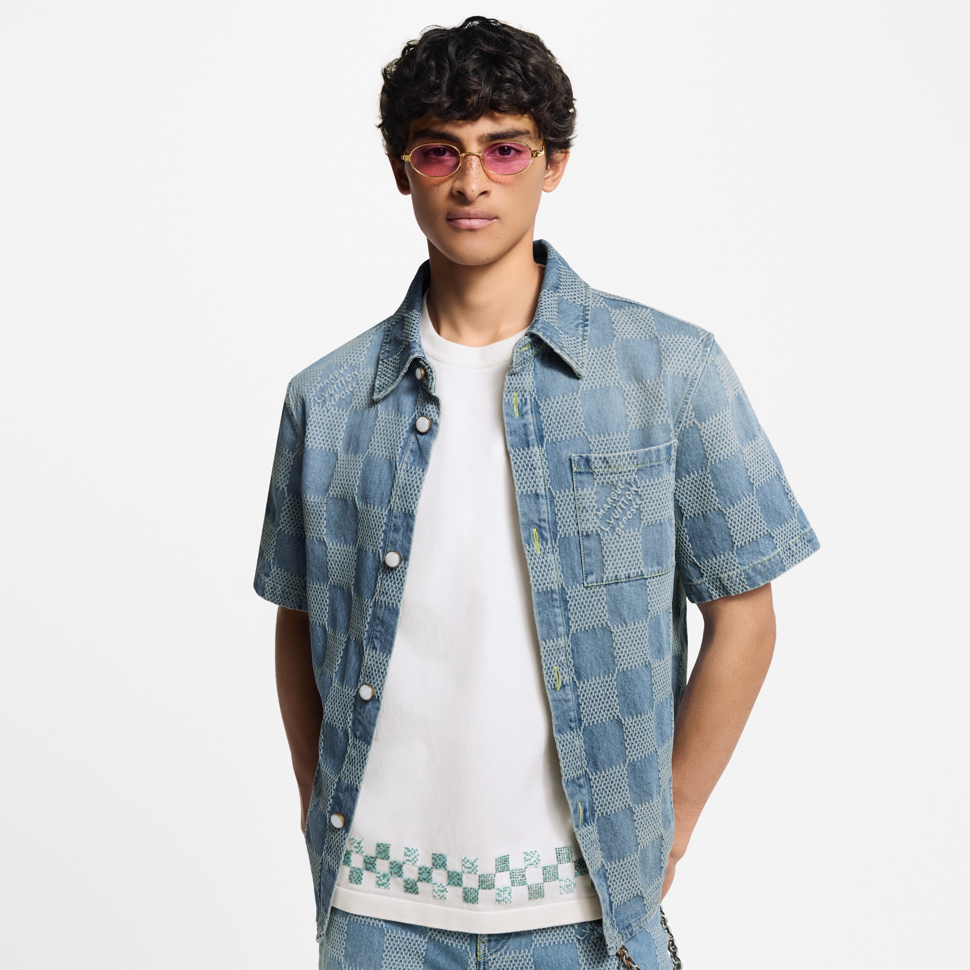 Damier 3D Light Denim Short-Sleeved Shirt  in Men