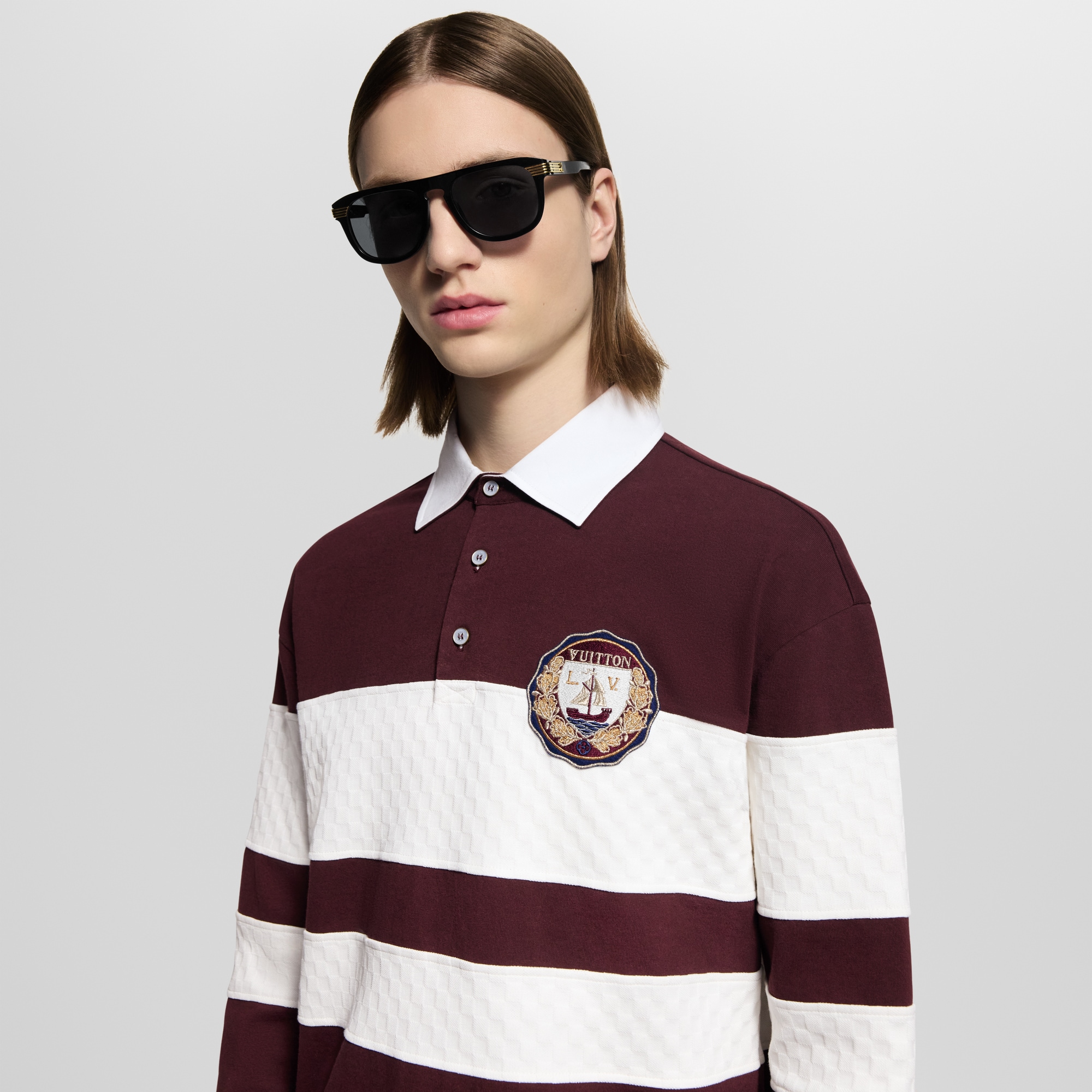 Damier Striped Long-Sleeved Polo Shirt  in Men