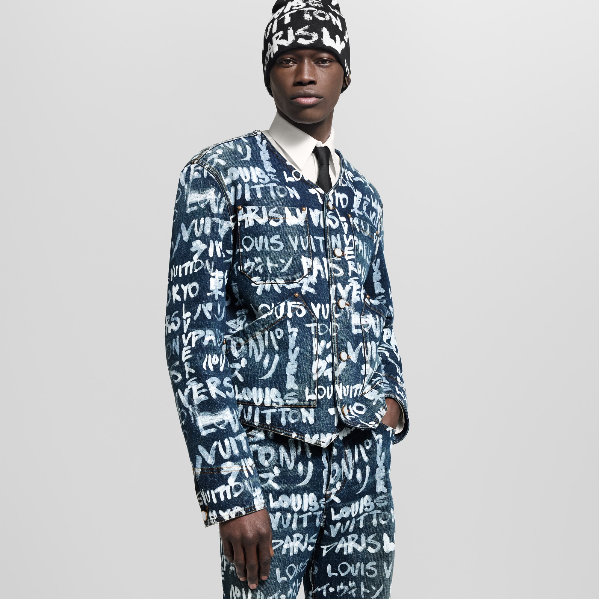 Denim Collarless Jacket  in Men