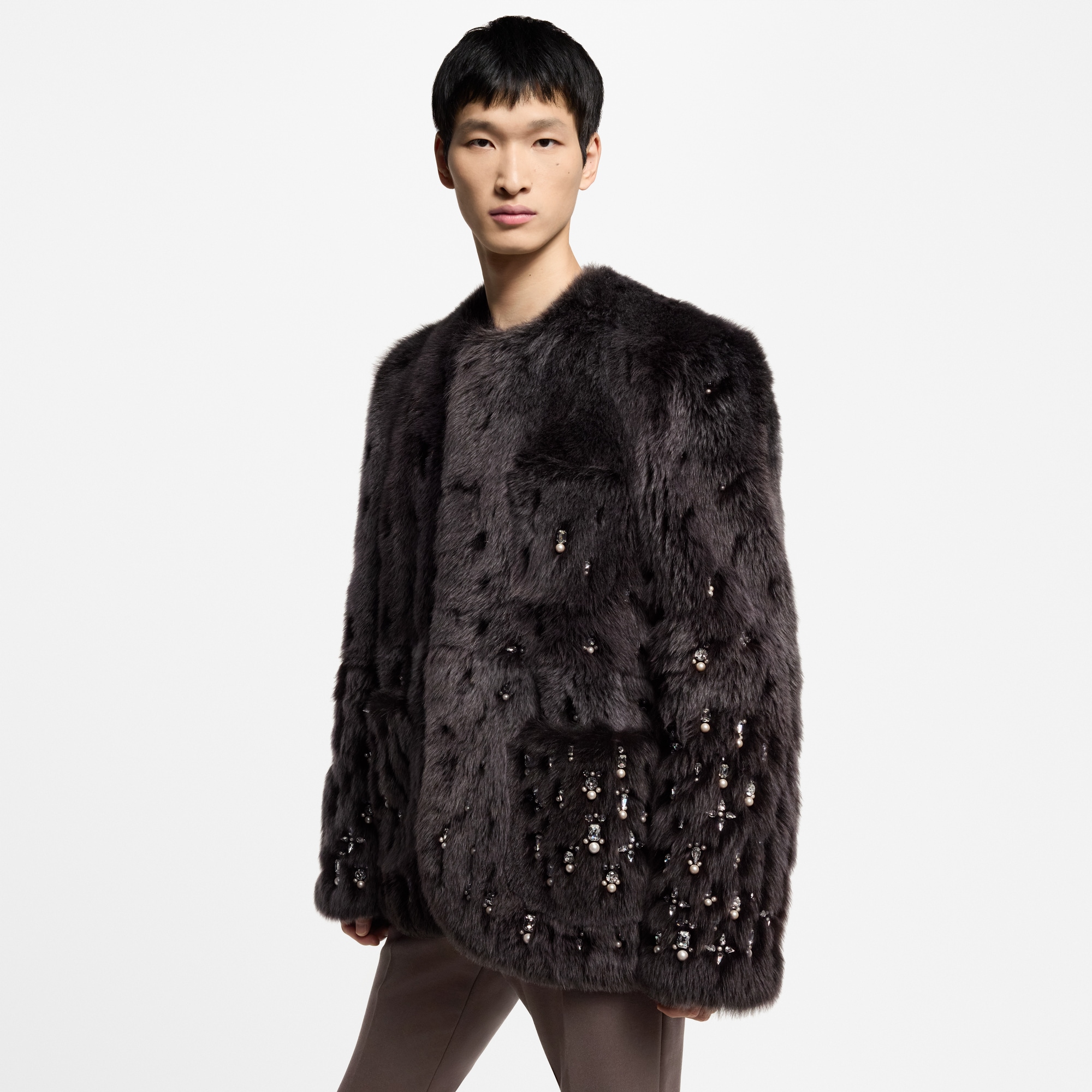 定製裝飾羊毛皮無領外套  in 男士