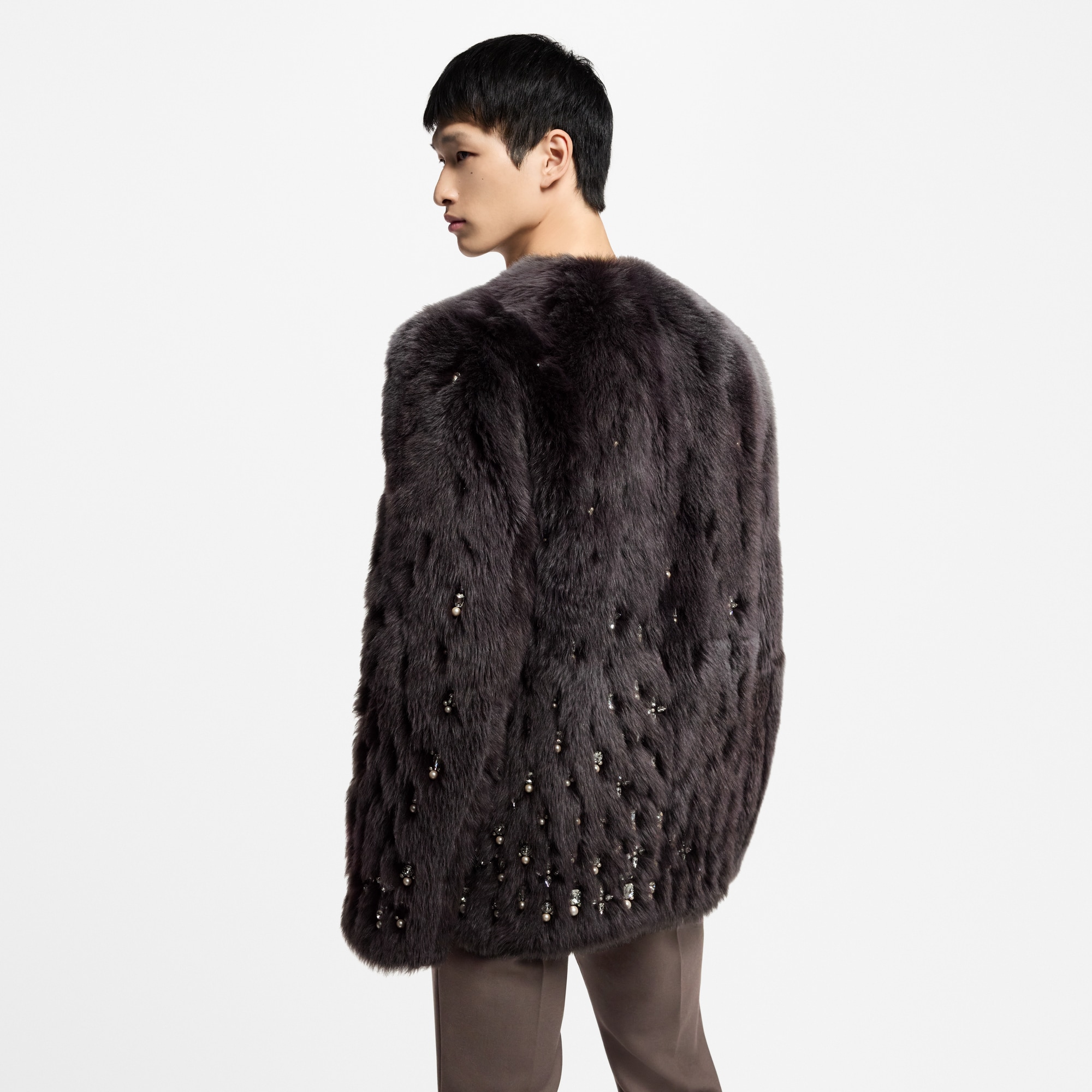 定製裝飾羊毛皮無領外套  in 男士