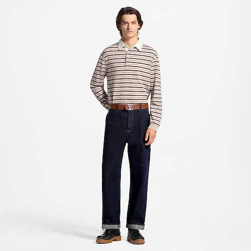 Monogram 圖案條紋長袖 Polo 衫 worn view