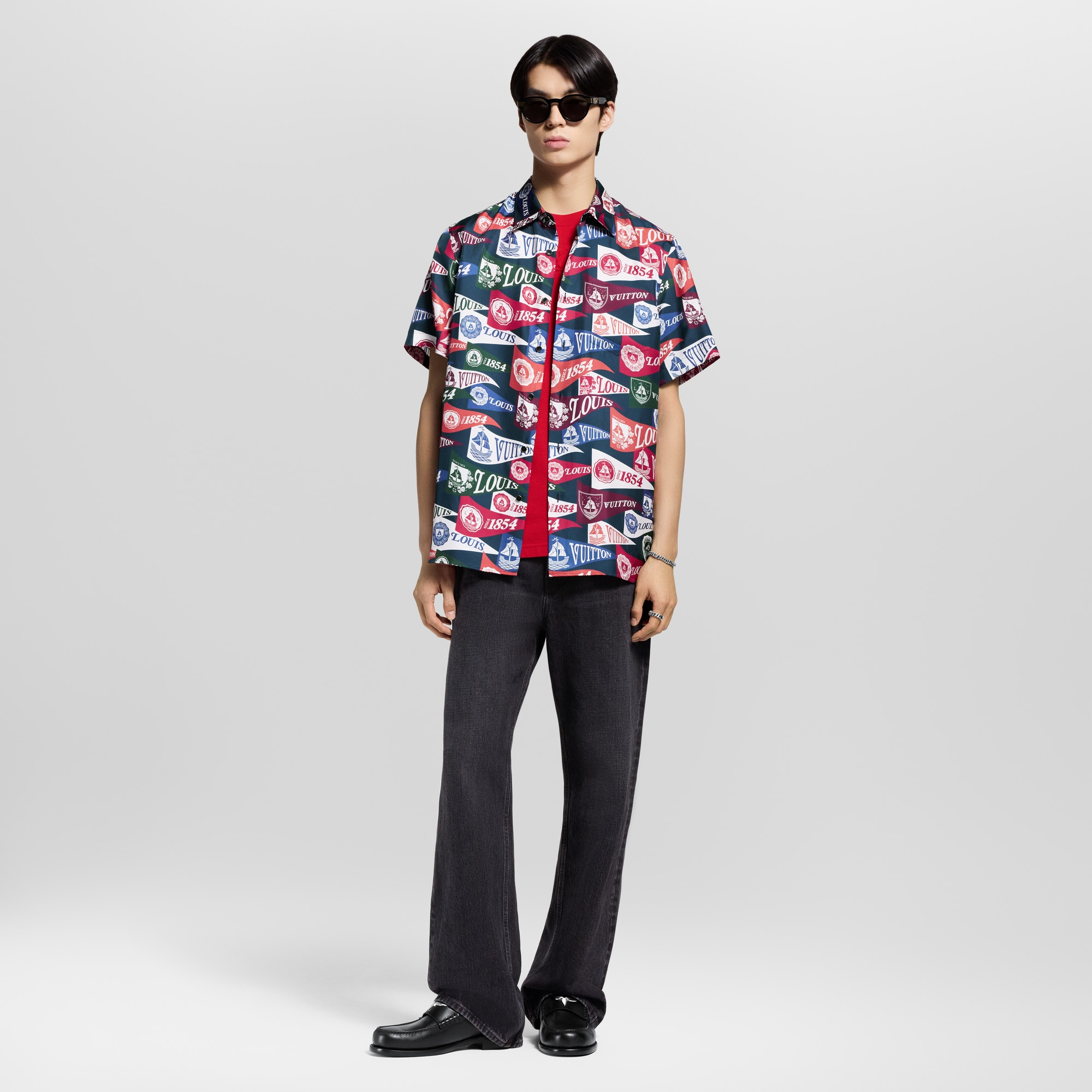 印花短袖絲質混紡面料襯衫  in 男士