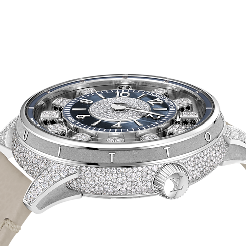 Tambour Taiko Spin Time Air, Automatic, 42.5mm, White gold, Hawk's eye and diamonds in Watches's All Watches } collections by Louis Vuitton (Product zoom)